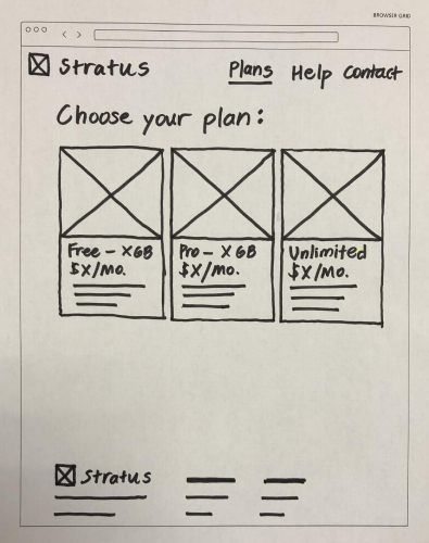 wireframe sketch of pricing plans screen