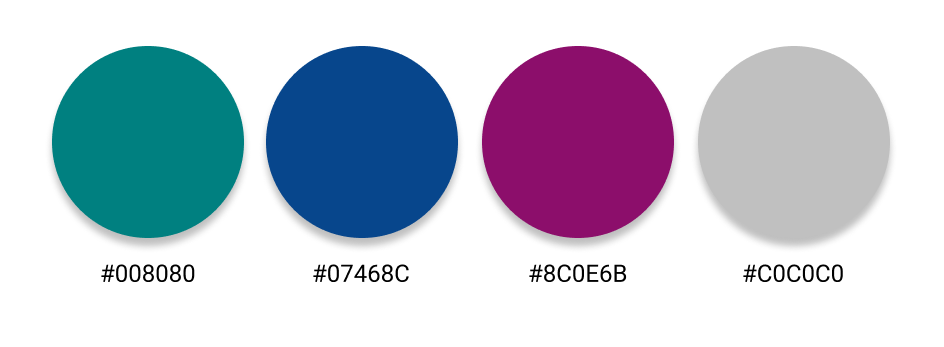 circles showing four brand colors - #008080, #07468C, 8C0E6B, and #C0C0C0