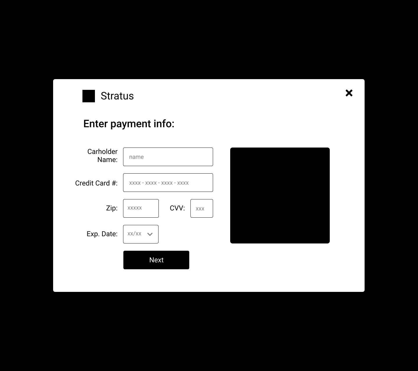 digital wireframe of onboarding screen for entering payment info