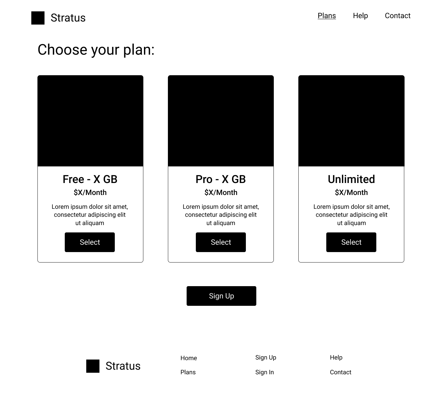 digital wireframe of pricing plans screen