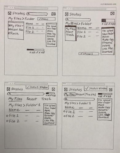 wireframe sketch of four stratus file management screen concepts
