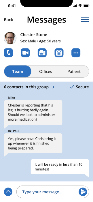 highfi mockup showing team section of patient hub screen after changes