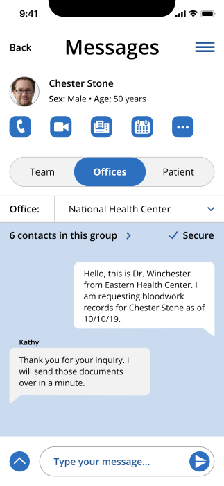 highfi mockup showing offices section of patient hub screen after changes