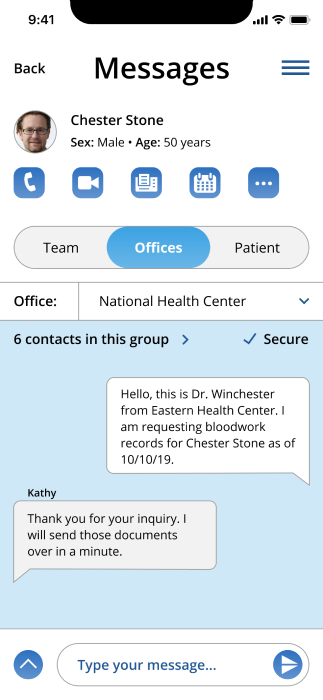 highfi mockup showing offices section of patient hub screen before changes
