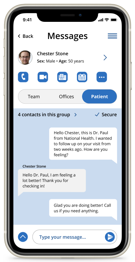 message sent on patient hub screen of chartchat app on iphone 11