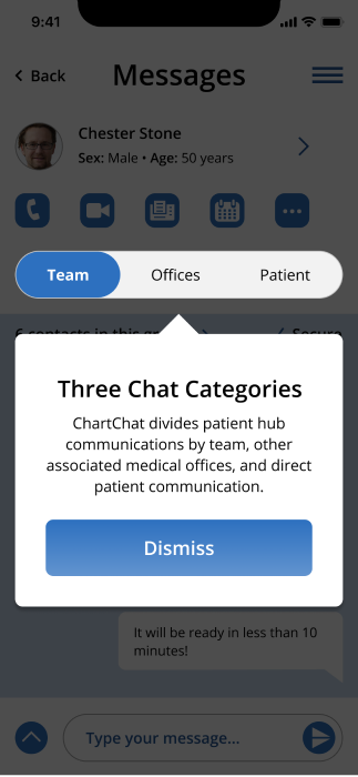 highfi mockup showing onboarding screen that highlights three different chat sections