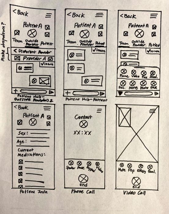 wireframe sketch of patient hub and more